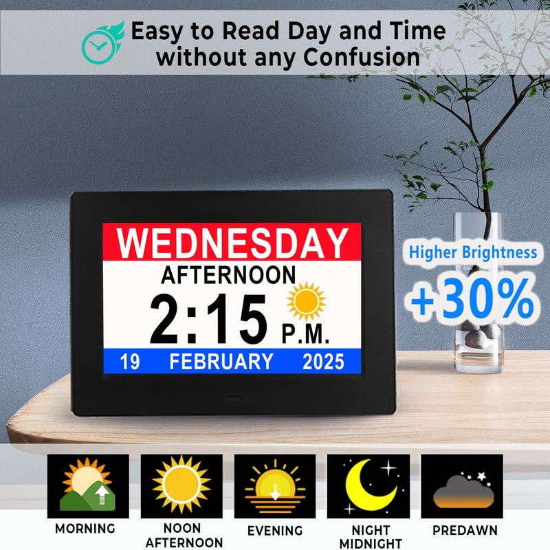 VÃ©faÃ®Ã® [New Version] 7 Inch Day Clock - 19 Alarms,20 Custom Reminder, Remote Control, Level 10 Auto Dimmable Display Calendar Clock, Non-Abbreviated Day Date Alarm Clock for Impaired Vision Dementia Seniors - Image 2